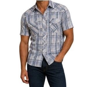 Roper‎ Western Mens Shirt M Blue Plaid Short Sleeve Pearl Snap Shirt